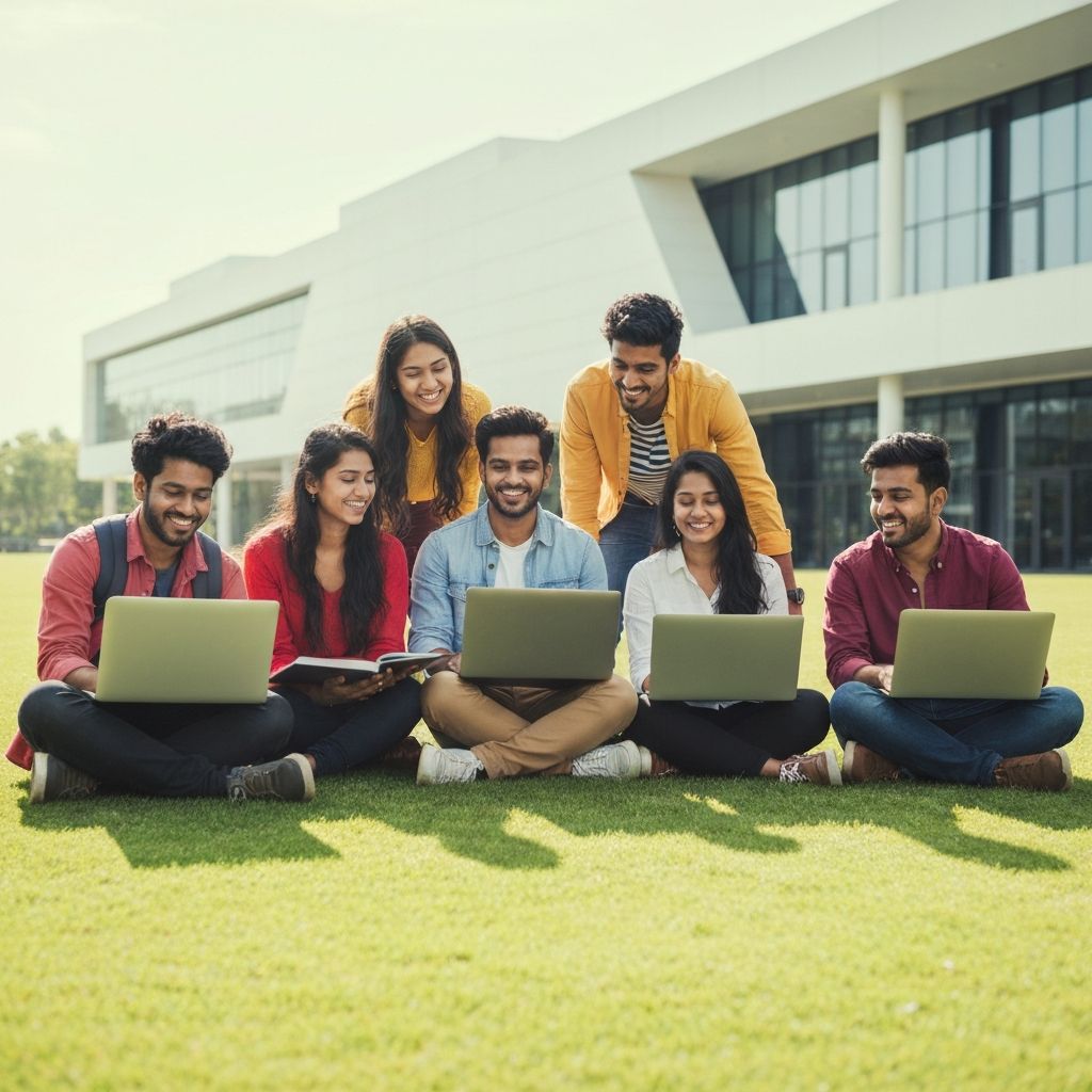 Happy Indian students discussing college and course options together